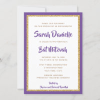 Retângulo com brilho roxo e Dourado Bat Mitzvah