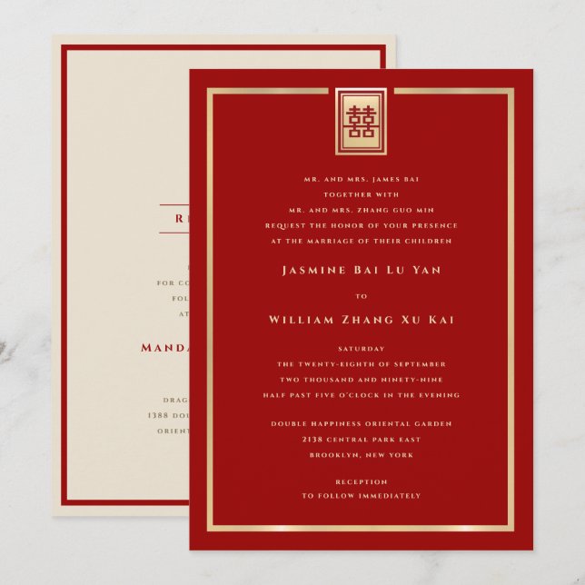 Convites Retângulo Dourado Felicidade Dupla Casamento Chinê (Frente/Verso)