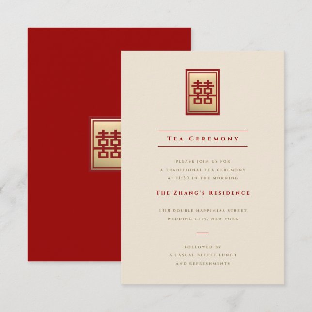 Convites Retângulo Dupla Felicidade Casamento Chinês Dourad (Frente/Verso)
