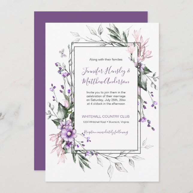 Convites Retângulo Floral de Cor d'Água Púrpura e Escamosa  (Frente/Verso)