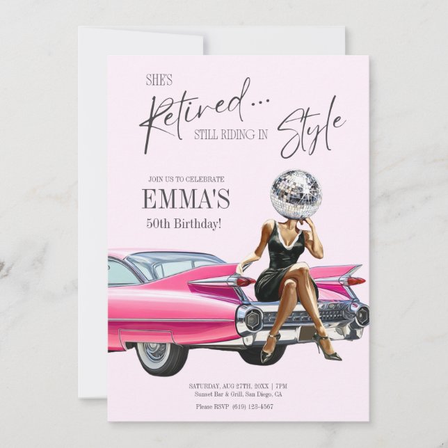 Convites Retired Pink Cadillac Custom Invite (Frente)