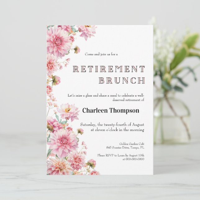 Convites Retirement Brunch Invitation • Floral Farewell  (Em pé/Frente)