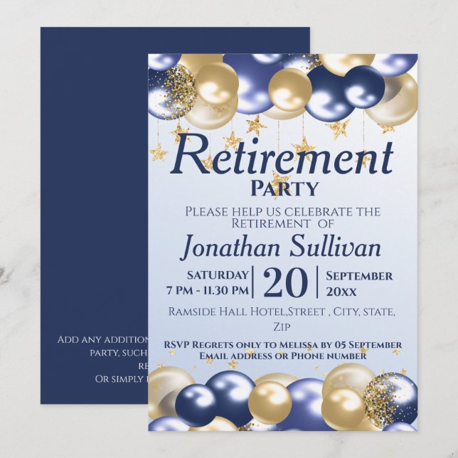 Convites Retirement Navy Gold Balloons Party (Frente/Verso)