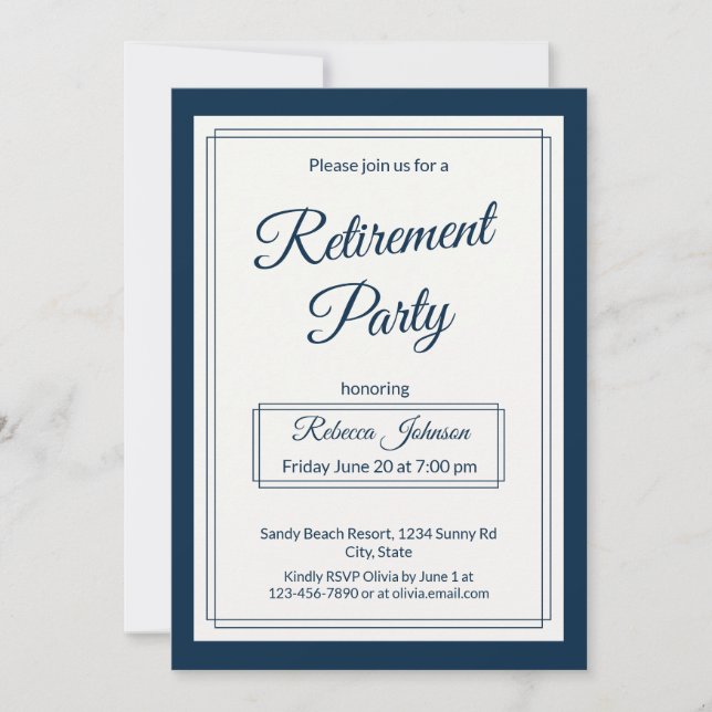 Convites Retirement Party Classic Simple Navy And Cream (Frente)
