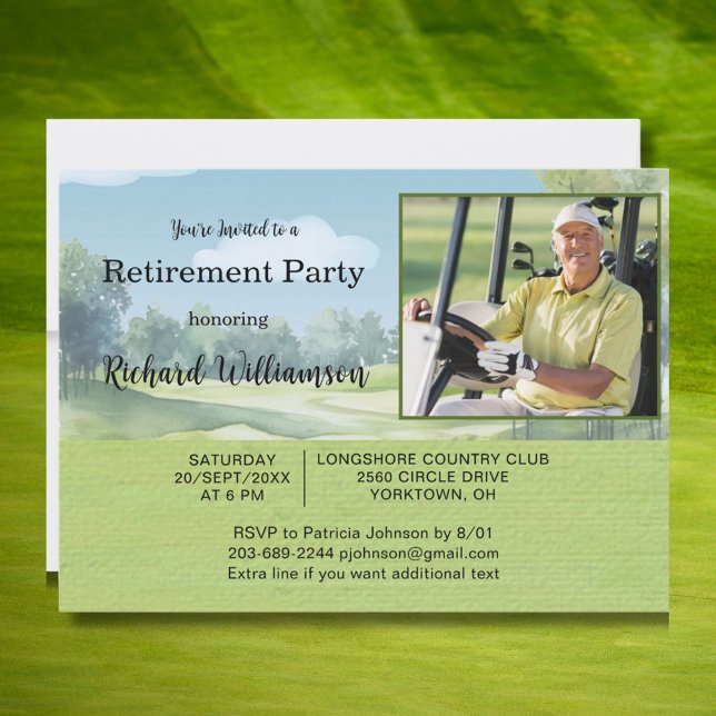 Convites Retirement Party Photo Watercolor Golf Theme Invit (Criador carregado)
