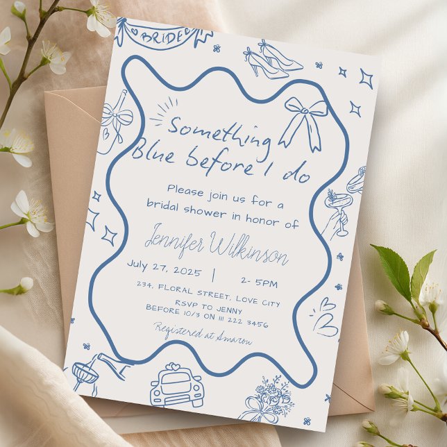 Convites Retorna algo Chá de panela azul desenhado à mão (Hand Drawn Retro Something Blue Bridal Shower Invitation)