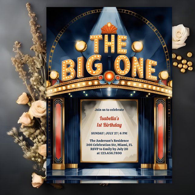 Convites Retrair O Grande primeiro aniversario De Um Teatro (The Big ONE First Birthday Invitation Theatre Marquee Hollywood Theme Invitation)