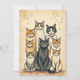 Convites Retrato da Família Cat Inspirado na Vintage