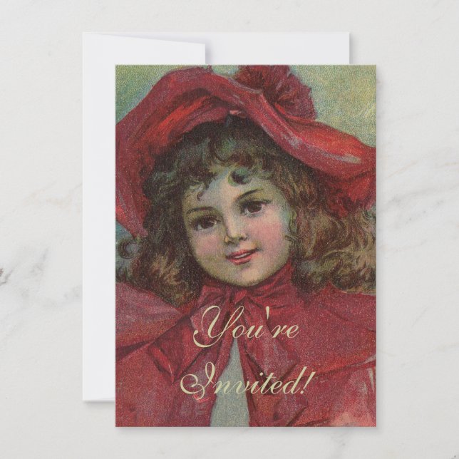 Convites Retrato de Menina com Chapéu Vermelho de Natal Vit (Frente)