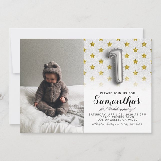 Convites Retrato de primeiro aniversario com brilho (Frente)