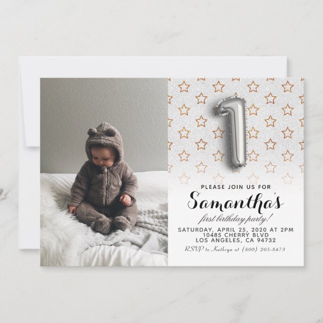 Convites Retrato de primeiro aniversario com brilho (Frente)