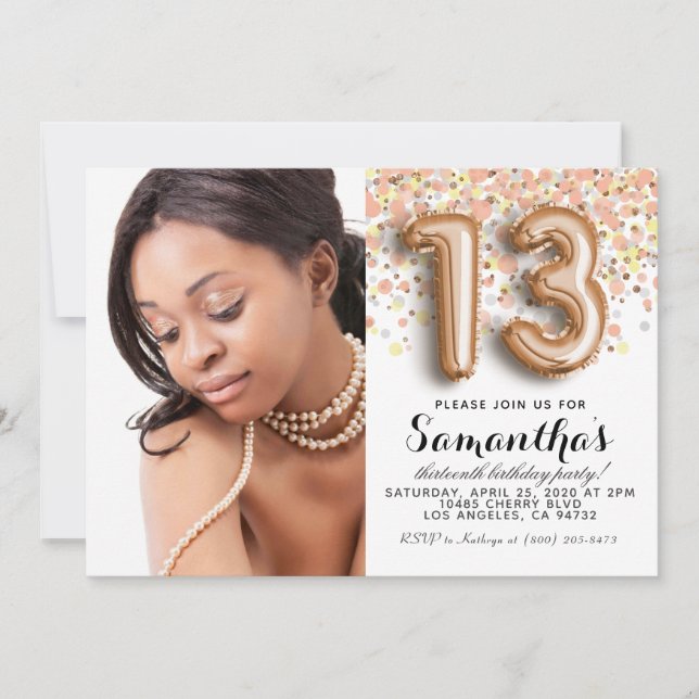 Convites Retrato Dourado de 13 Birthday Confetti Rosa (Frente)