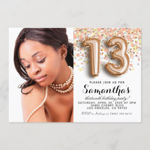 Convites Retrato Dourado de 13 Birthday Confetti Rosa
