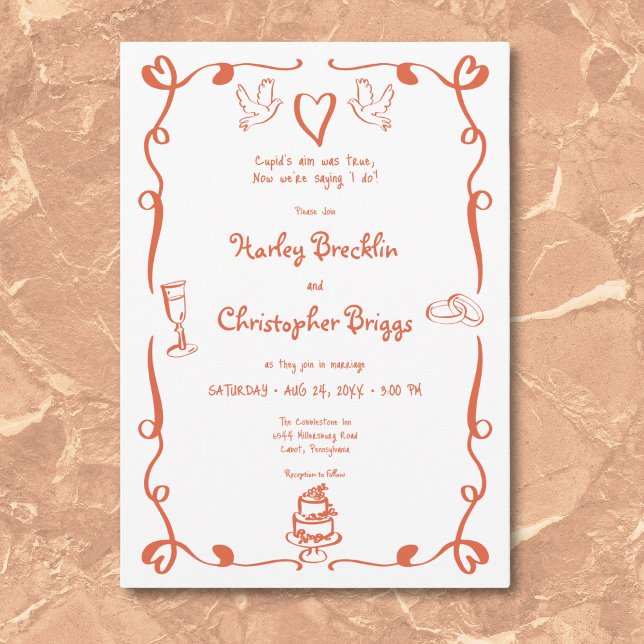 Convites Retrato Whimsical Desenhou Casamento Laranja Sunse (Whimsical Retro Hand Drawn Sunset Orange Wedding Invitation)