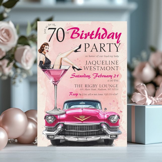 Convites Retro 1950's Pink Hollywood Glam 70th Birthday (Watercolor retro 1950's pink vintage cadillac old Hollywood glamour woman in martini 70th birthday)