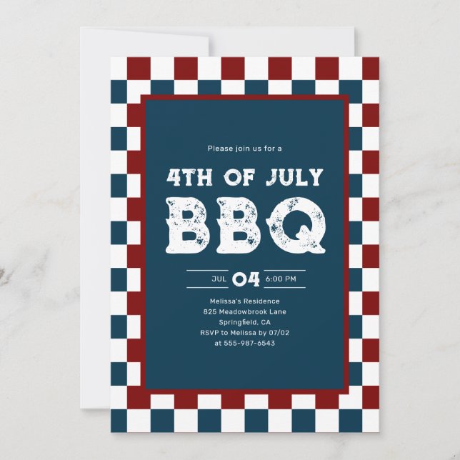 Convites Retro 4th of July BBQ Party Checkered  (Frente)