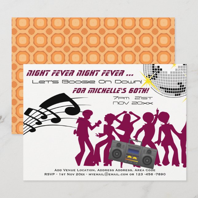 Convites RETRO 60º Aniversário Convidar Febre Noturna Boogi (Frente/Verso)