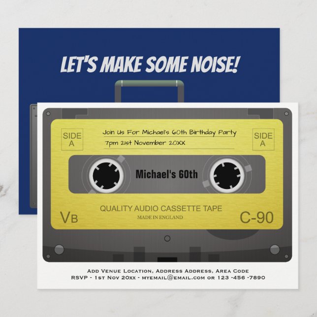 Convites RETRO 60º Aniversário MAN Conite Música Cassete 60 (Frente/Verso)