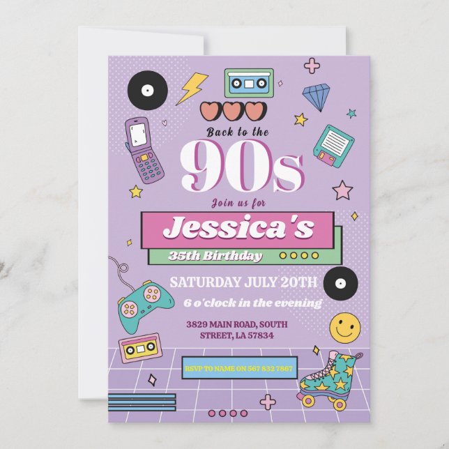 Convites Retro 90 Aniversário da década de 90 Partido das M (Frente)
