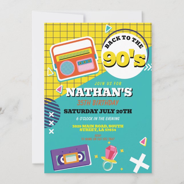 Convites Retro 90 Aniversário da década de 90 Partido das M (Frente)