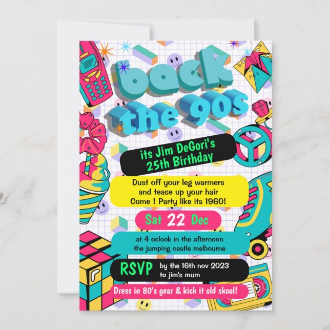 Convites Retro 90s Funky Neon Glow Disco Aniversário (Frente)