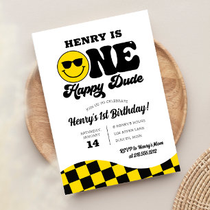 Convites Retro Amarelo Preto Um Cara Feliz Aniversário de 1
