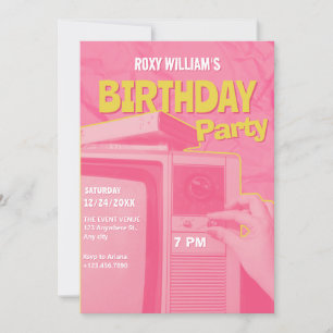 Convites Retro aniversário amarelo rosa