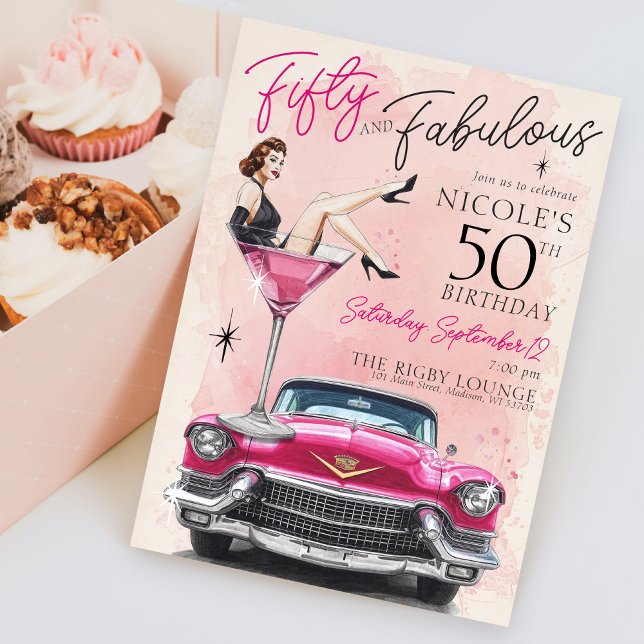 Convites Retro anos 50 Cinquenta e Fabuloso Glam 50º Aniver (Retro 1950's watercolor Fifty and Fabulous pink old hollywood glam pinup birthday party invitation)
