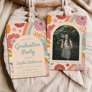 Convites Retro Arch Photo Floral Rainbow Graduation Party  