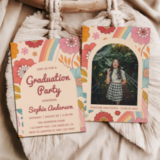 Convites Retro Arch Photo Floral Rainbow Graduation Party  