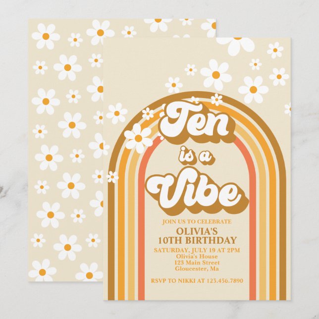 Convites Retro Arco-Íris Dez é uma Vibração Groovy 10º Aniv (Frente/Verso)