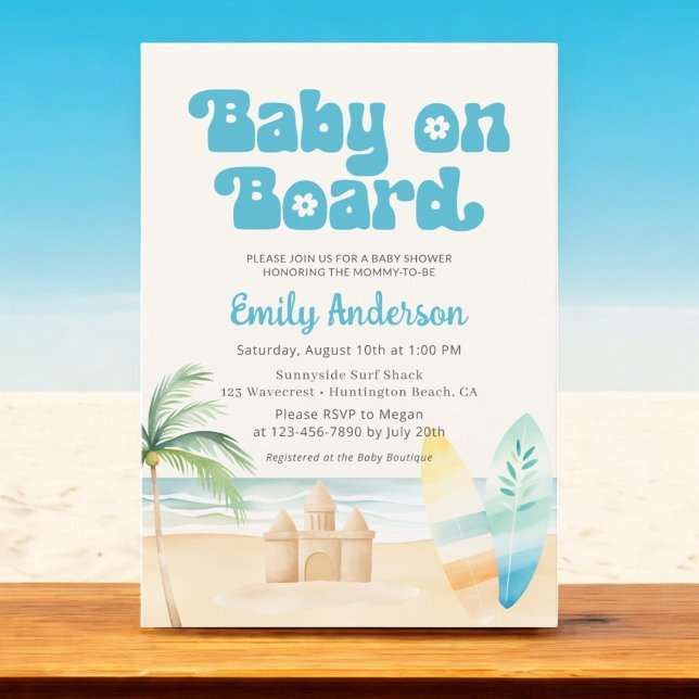 Convites Retro Baby no Conselho Surfboard Beach Boy Chá (Criador carregado)