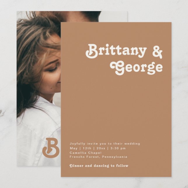 Convites Retro Beach | Monograma de Fotografia Casual Marro (Frente/Verso)