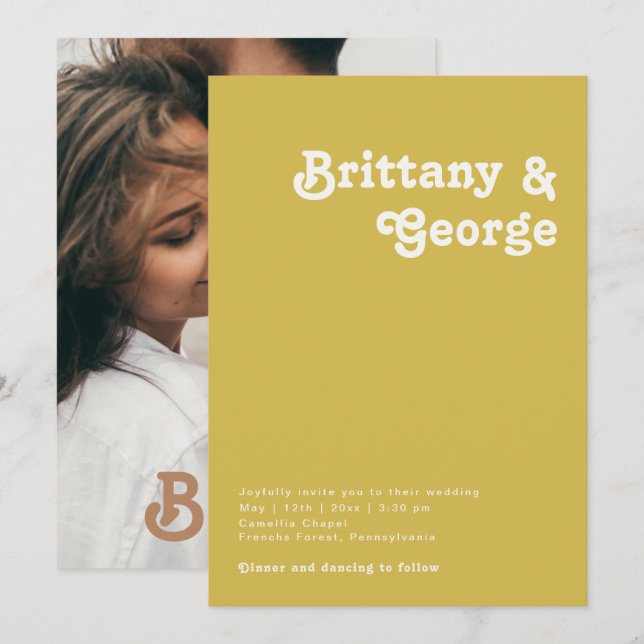 Convites Retro Beach | Monograma de Fotografias Douradas (Frente/Verso)