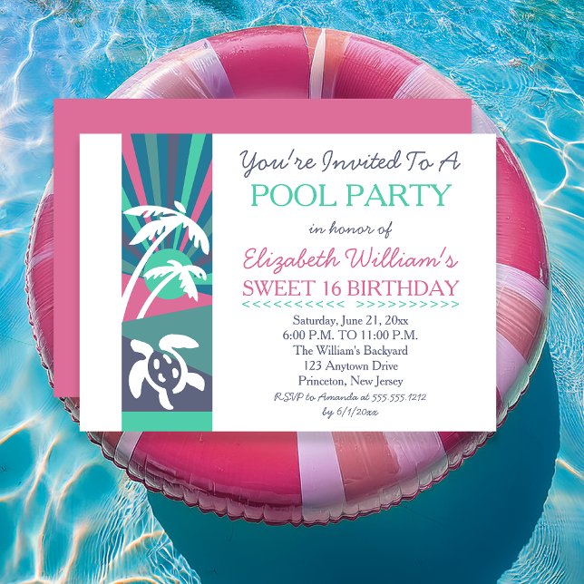 Convites Retro Beach Sunset Sweet 16 Festa de Piscina de An (Pink Retro Beach Sunset Sweet 16 Birthday Pool Party Invitation - Print | Digital Download)
