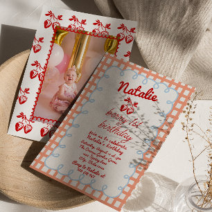 Convites Retro Berry 1rua Desenhou Foto de Morango Aniversá