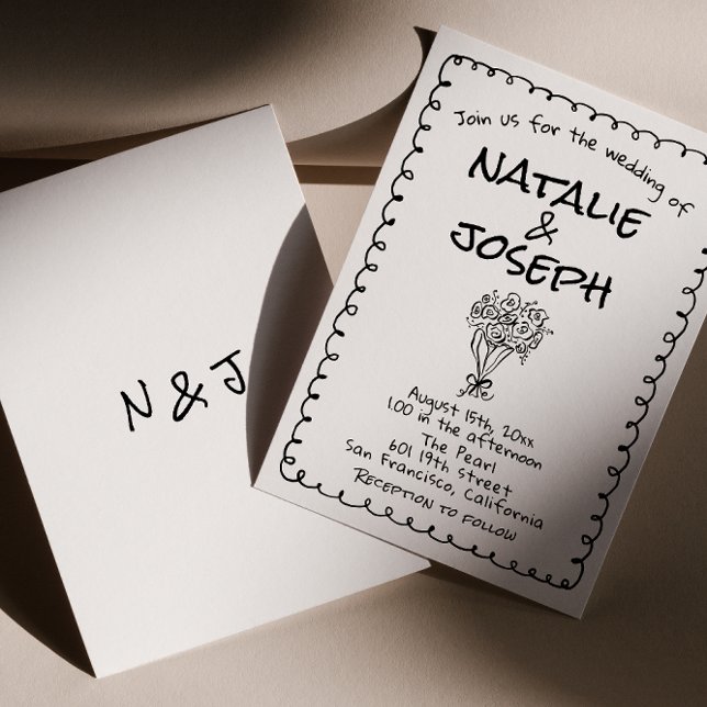 Convites Retro Black White Hand Drawn Funky Quirky Wedding (Criador carregado)