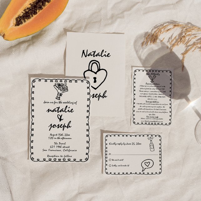 Convites Retro Black & White Hand Drawn Quirky Wedky (Criador carregado)