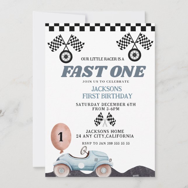 Convites Retro Blue Fast one Boy 1st Birthday Car Boys (Frente)