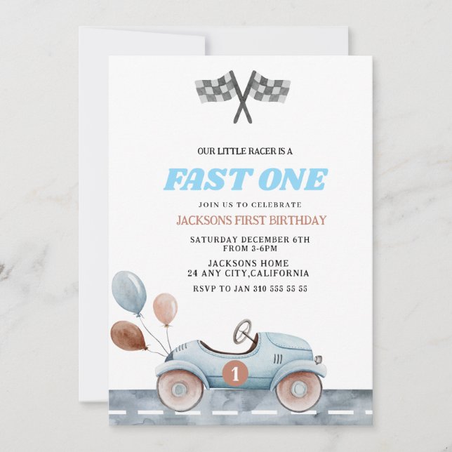 Convites Retro Blue Fast one Boy 1st Birthday Car Boys (Frente)