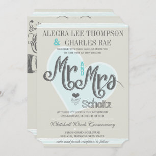 Convites Retro Blue Mint Sr. e Sra. Typografia Wedding