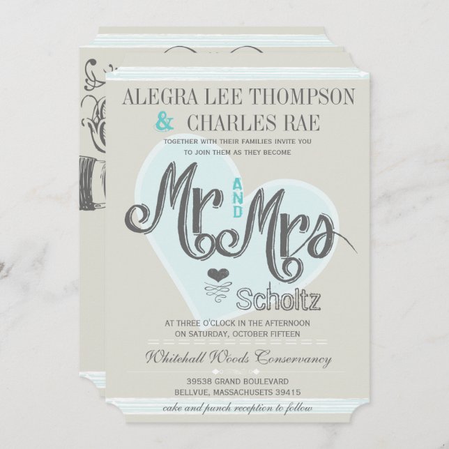 Convites Retro Blue Mint Sr. e Sra. Typografia Wedding (Frente/Verso)