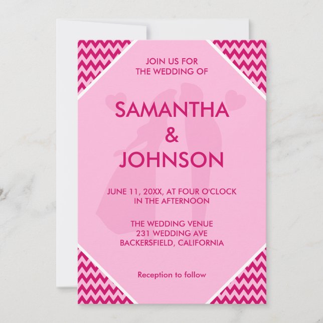 Convites Retro Blush Pink Chevron Stripe Wedding (Frente)