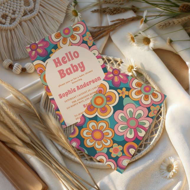 Convites Retro Boho 70s Groovy Floral Baby Shower    (Criador carregado)