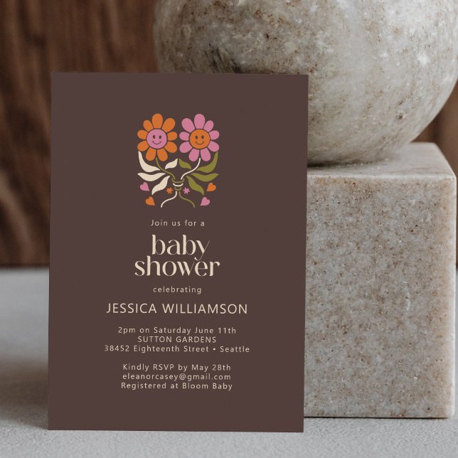 Convites Retro Boho 70s Sorria Chá de fraldas Floral (Criador carregado)