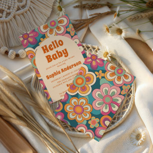 Convites Retro Boho Anos 70 Floral Groovy Chá de Bebê