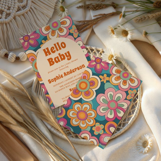 Convites Retro Boho Anos 70 Floral Groovy Chá de Bebê (Criador carregado)