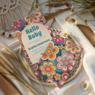Convites Retro Boho Anos 70 Groovy Floral Chá de Bebê