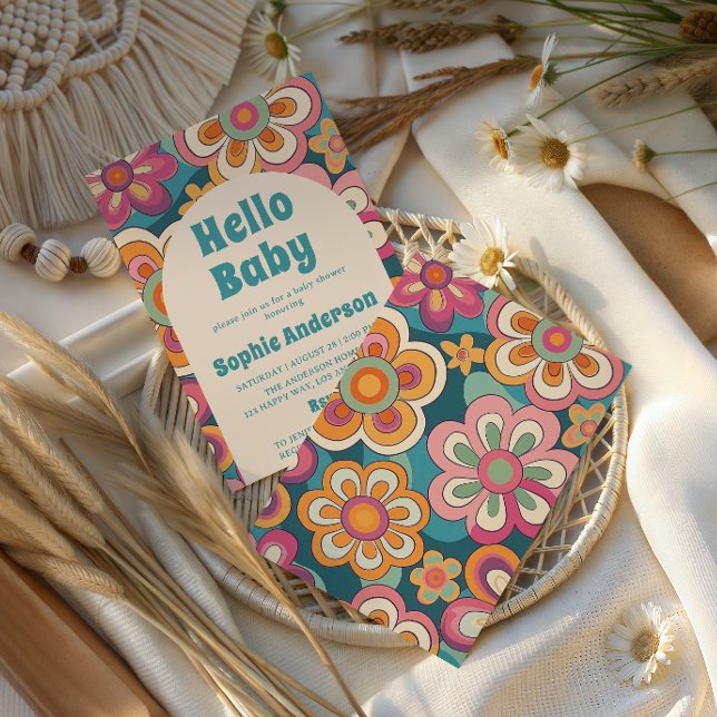 Convites Retro Boho Anos 70 Groovy Floral Chá de Bebê (Criador carregado)