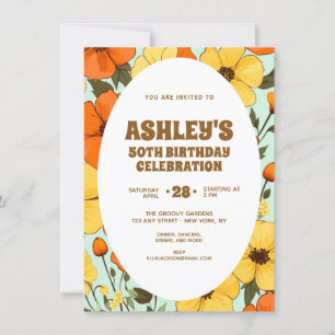 Convites Retro Boho Laranja Amarelo Floral Fofo Aniversário